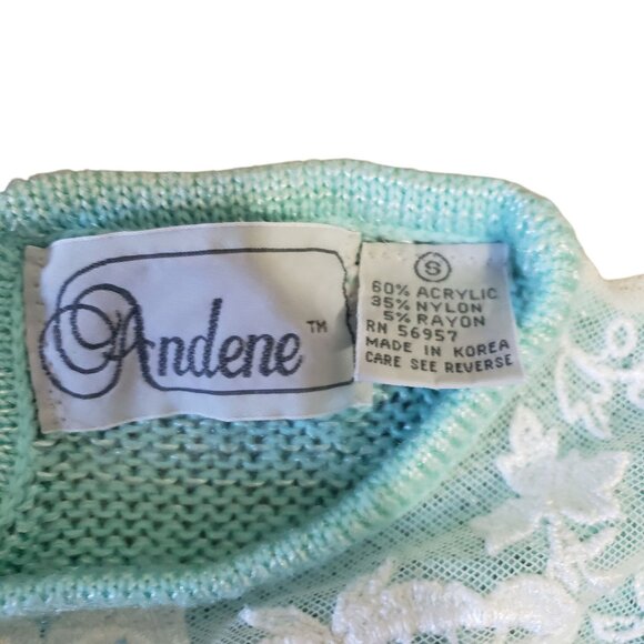 Vintage 80s Andene Mint Green Sweater Womens S Lace Grannycore Retro Feminine - Picture 4 of 7
